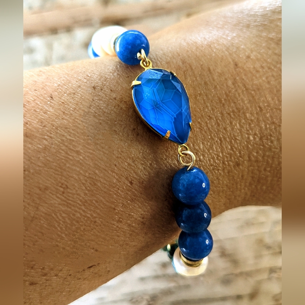 Dark Blue Jade,  Picasso Blue Beads & Pearls Crystal Pendant  Bracelet - Picture 5 of 7